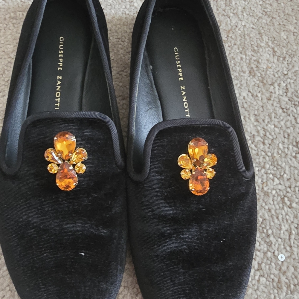 Giuseppe Zanotti Black Velvet Loafers with Gold Accents